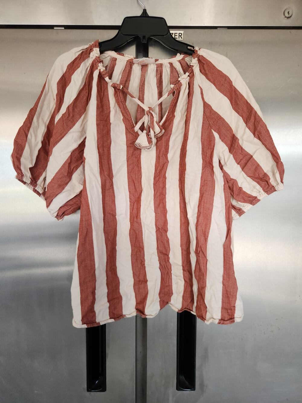 Knox Rose Womens Peasant Top XL Rust White Striped Tie Neck Tassel Cotton Blouse